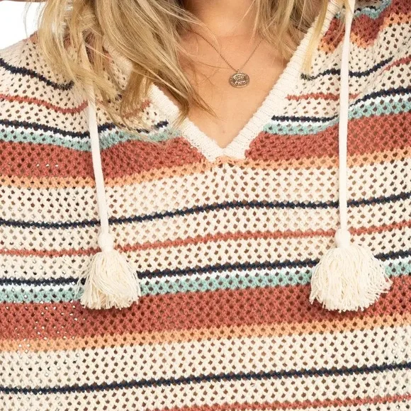 Roxy Striped V-Neck Hooded Knit Sweater with Tassel Ties - Cream & Rust - Picture 4 of 7